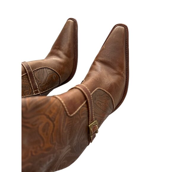 Worthington Brown Embossed Leather Boots Pointed Toe Zip Strap Buckle Size 9.5 - Picture 5 of 10
